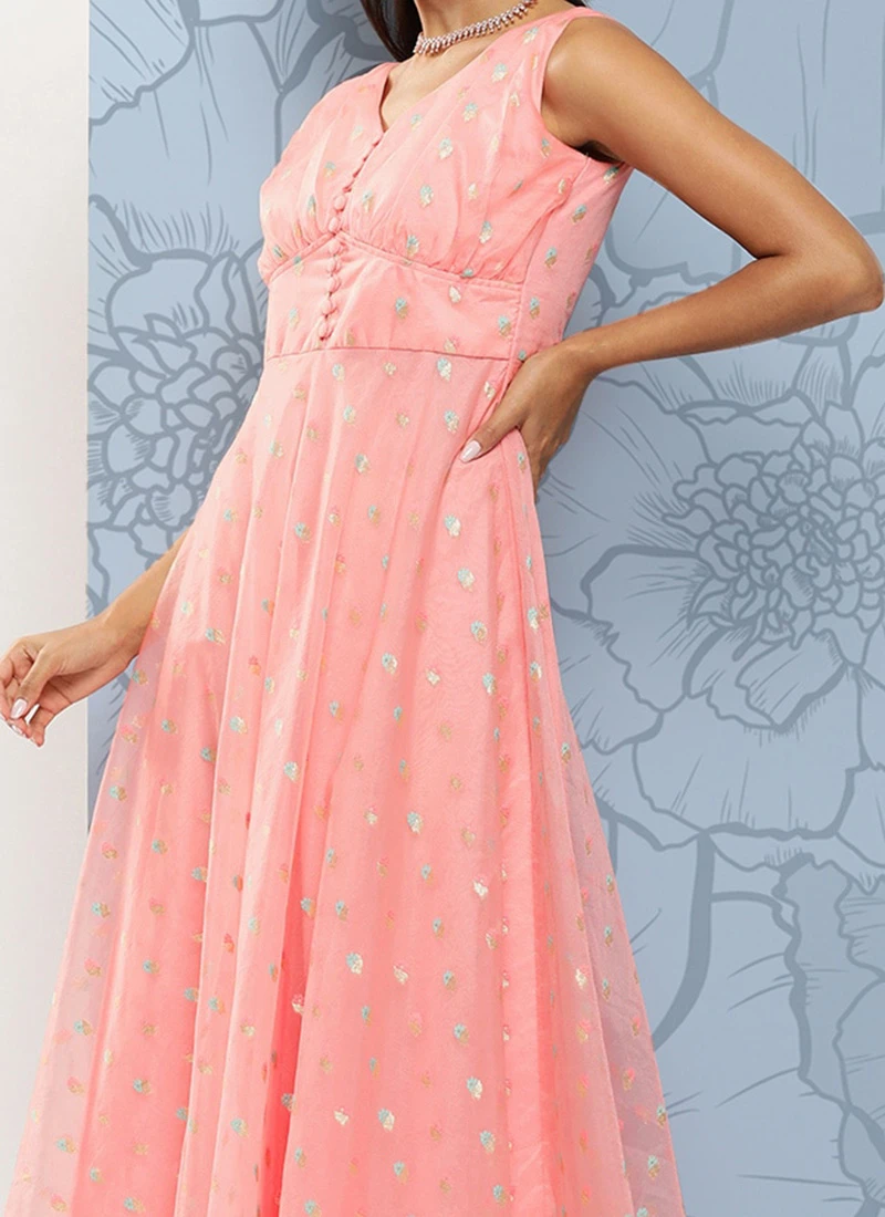Pink Organza Jacquard Maxi Dress Festive Wear 3 Pink Organza Jacquard Maxi Dress Festive Wear