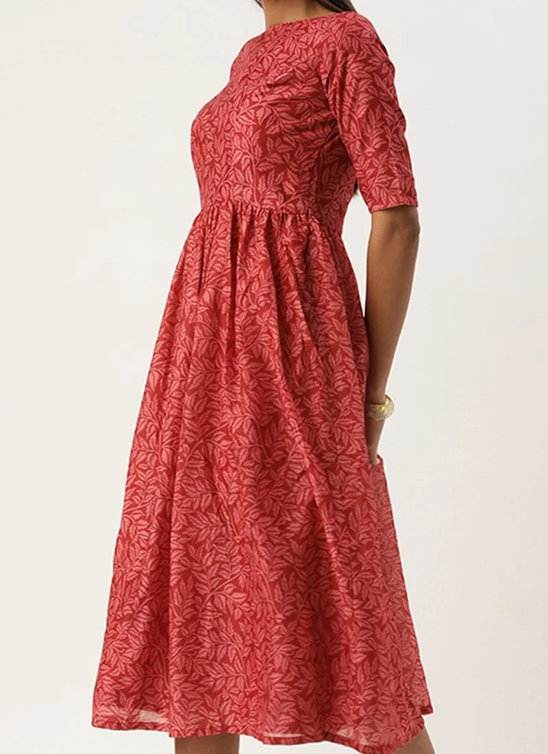 Pink Printed Cotton Gathered Calf Length Dress After Six Wear 3 Pink Printed Cotton Gathered Calf Length Dress After Six Wear