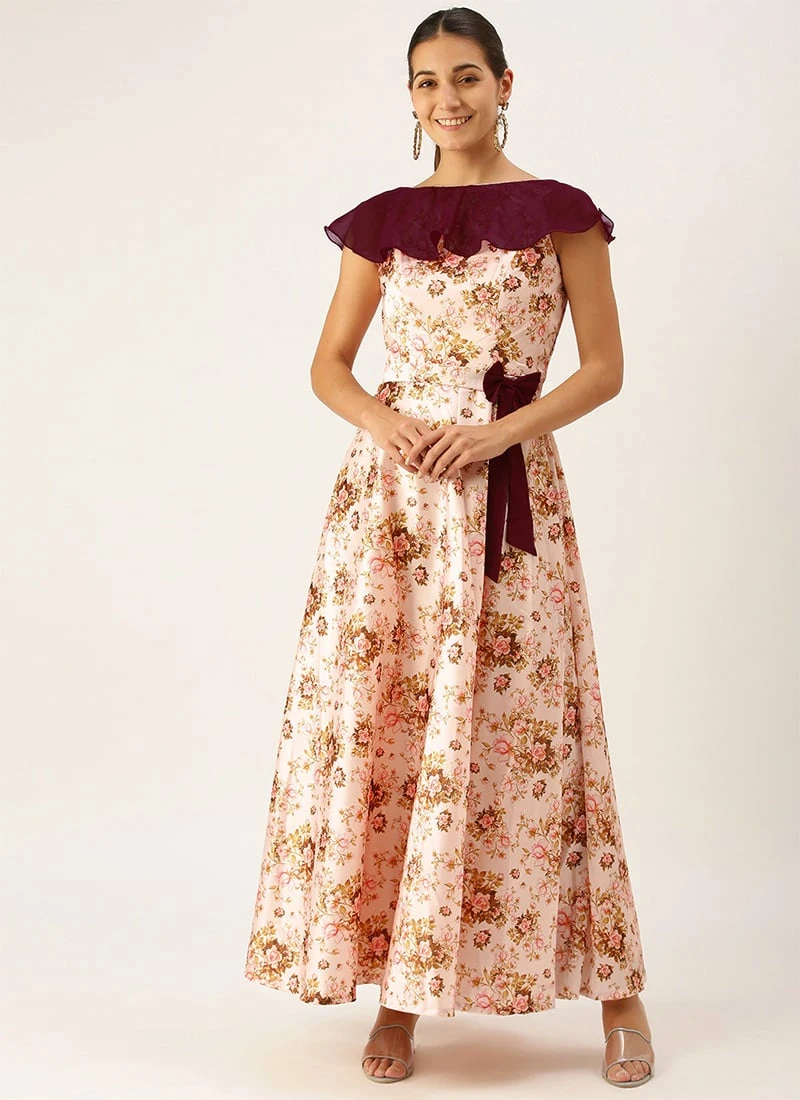 Pink Taffeta Digital Printed N Burgundy Dress Festive Wear 5 Pink Taffeta Digital Printed N Burgundy Dress Festive Wear - Image 3