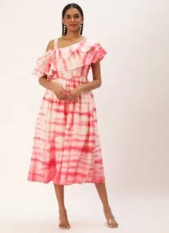 Pink Tie N Dye Ruffled Dress After Six Wear -Sari Grace Shop Pink Tie N Dye Ruffled Dress DRBS02301954 u