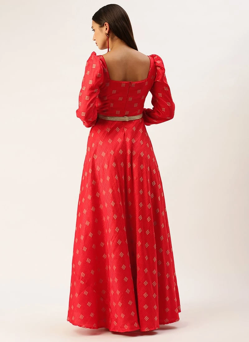Red Art Silk Maxi Dress Festive Wear 6 Red Art Silk Maxi Dress Festive Wear - Image 4