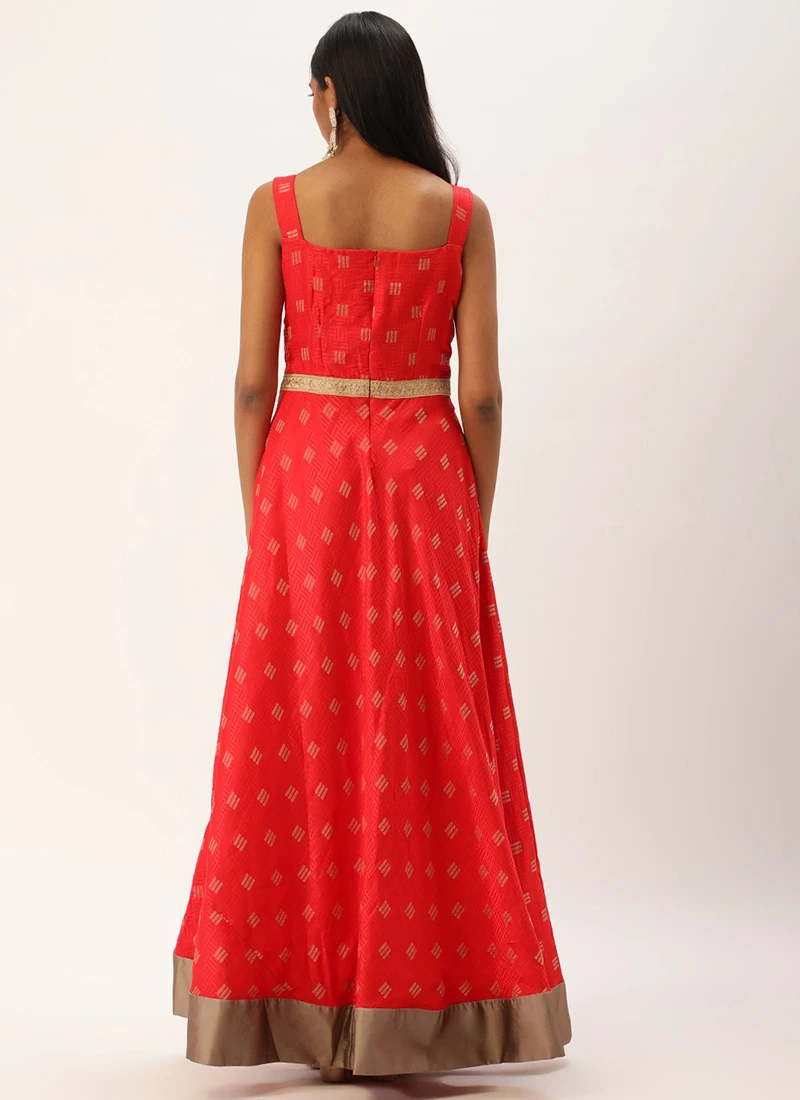Red Art Silk Strap Neck Style Maxi Dress Festive Wear 6 Red Art Silk Strap Neck Style Maxi Dress Festive Wear - Image 4