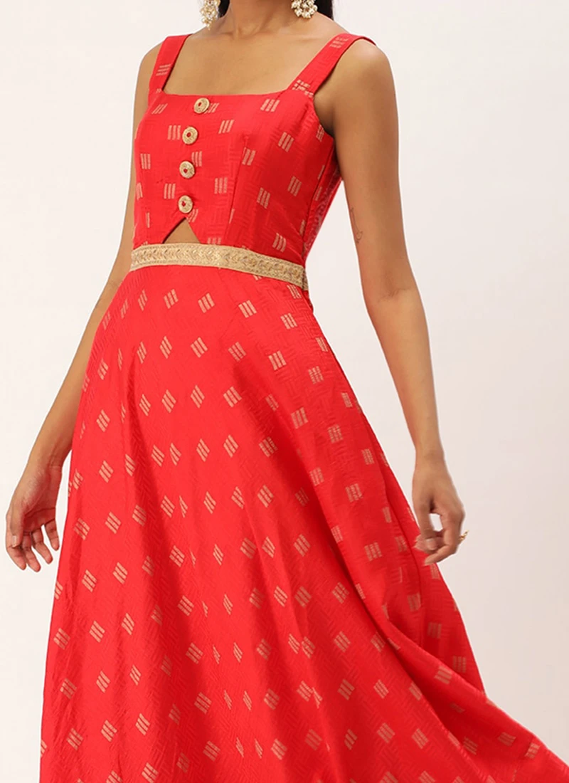 Red Art Silk Strap Neck Style Maxi Dress Festive Wear 3 Red Art Silk Strap Neck Style Maxi Dress Festive Wear