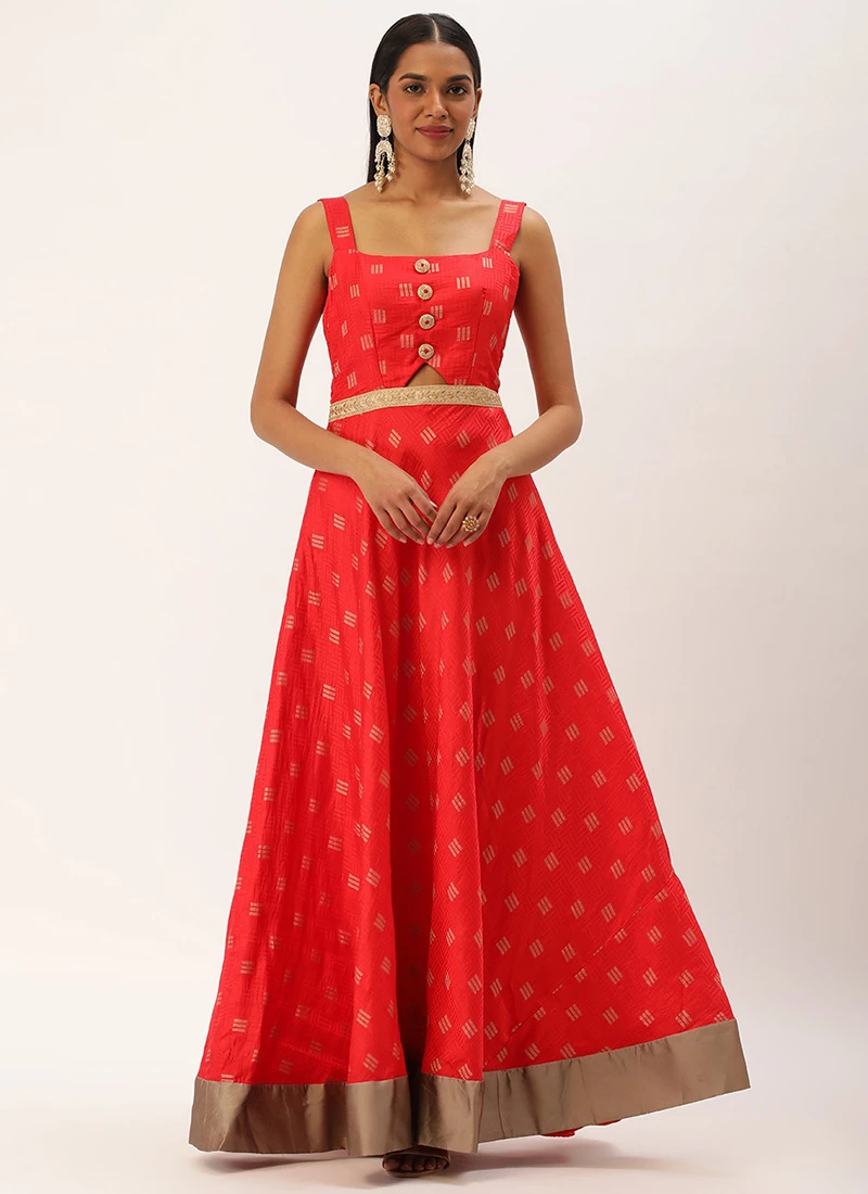 Red Art Silk Strap Neck Style Maxi Dress Festive Wear 5 Red Art Silk Strap Neck Style Maxi Dress Festive Wear - Image 3
