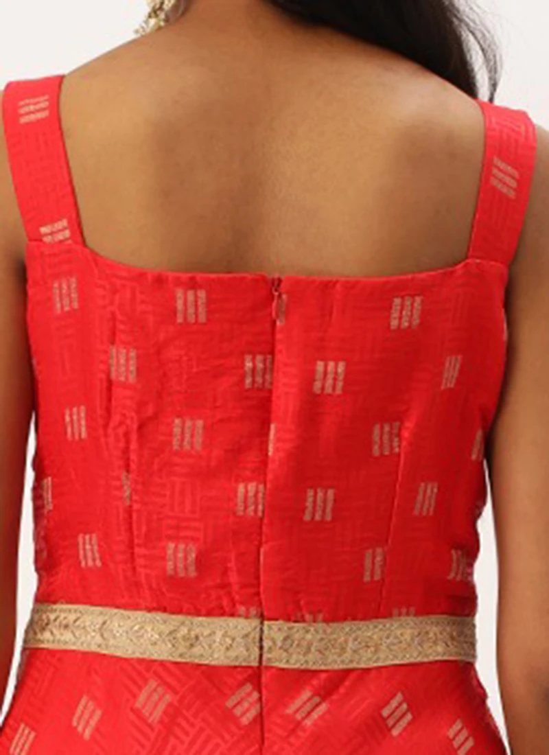 Red Art Silk Strap Neck Style Maxi Dress Festive Wear 8 Red Art Silk Strap Neck Style Maxi Dress Festive Wear - Image 6