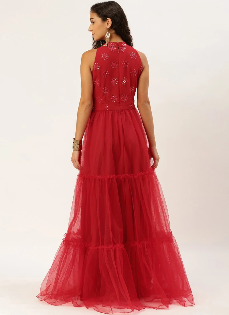 Red Georgette Embroidered Dress Festive Wear 6 Red Georgette Embroidered Dress Festive Wear - Image 4