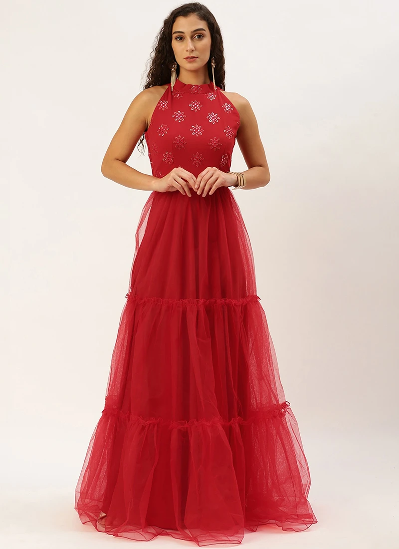 Red Georgette Embroidered Dress Festive Wear 5 Red Georgette Embroidered Dress Festive Wear - Image 3