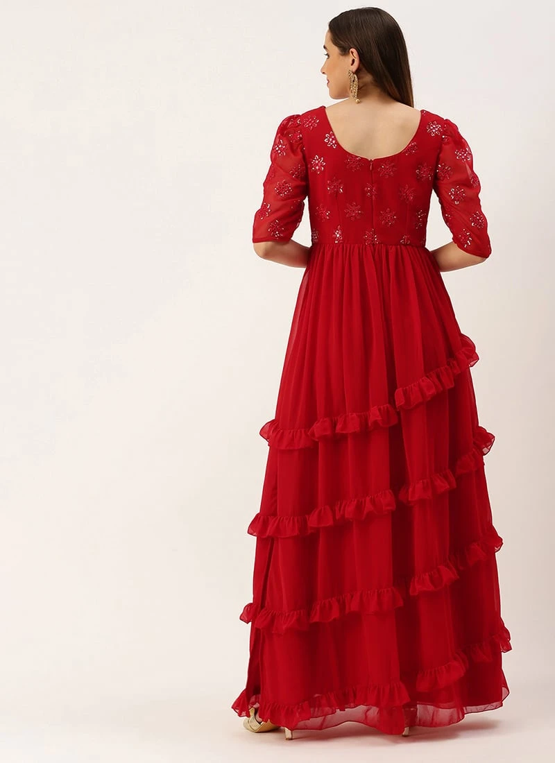 Red Georgette Embroidered Maxi Dress Festive Wear 6 Red Georgette Embroidered Maxi Dress Festive Wear - Image 4