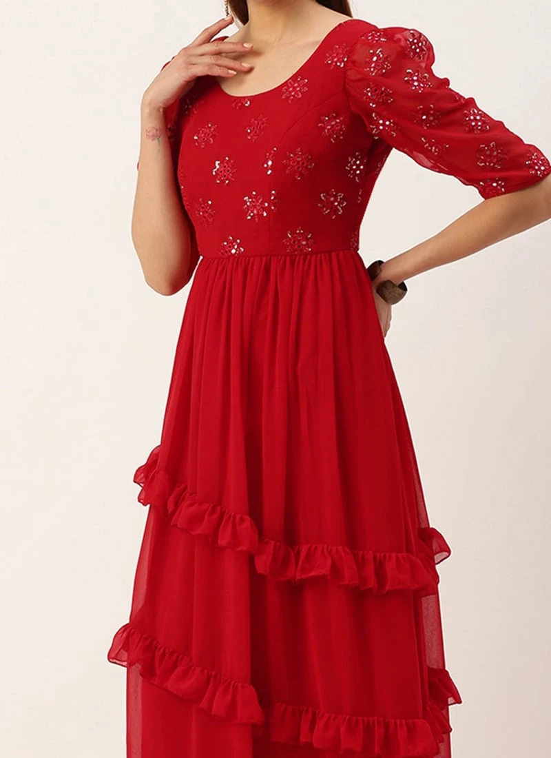 Red Georgette Embroidered Maxi Dress Festive Wear 3 Red Georgette Embroidered Maxi Dress Festive Wear