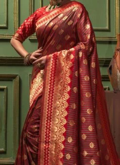 Red N Mehendi Banarasi Silk Jacquard Saree Festive Wear