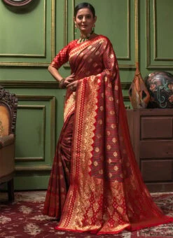 Red N Mehendi Banarasi Silk Jacquard Saree Festive Wear -Sari Grace Shop Red N Mehendi Banarasi Silk Jacquard Saree SASLI1267167 u