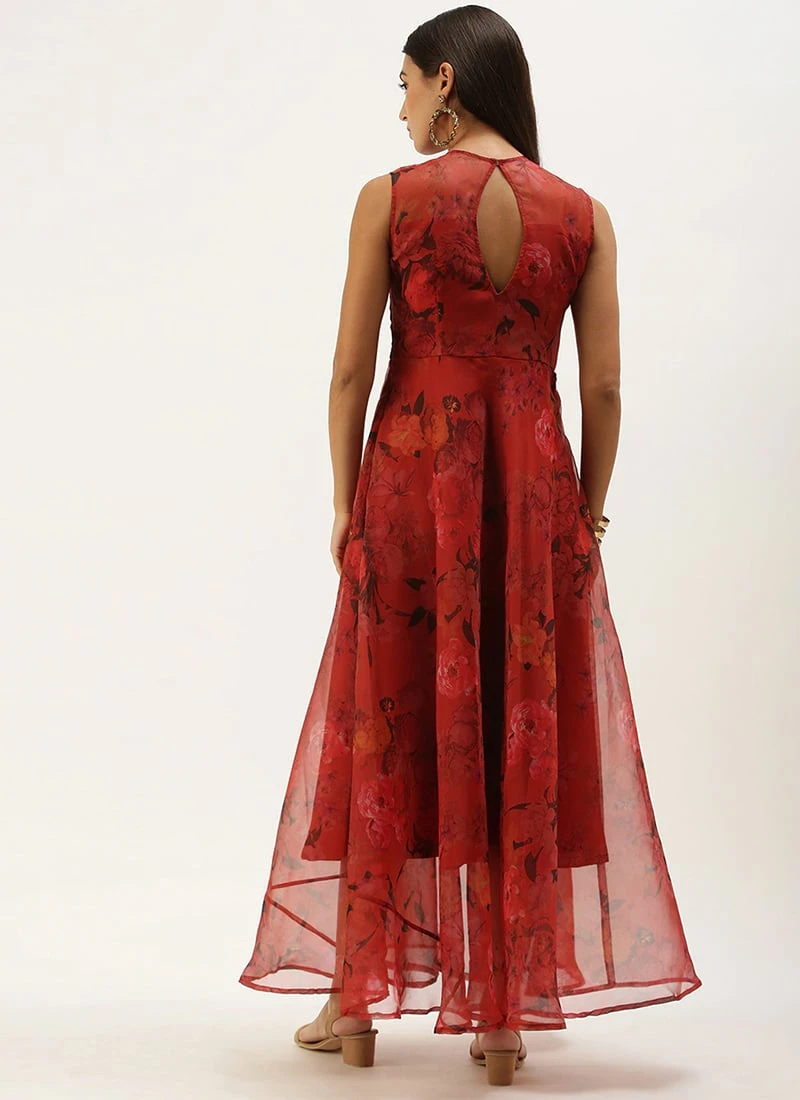 Red Organza Digital Printed Dress Party Wear 6 Red Organza Digital Printed Dress Party Wear - Image 4
