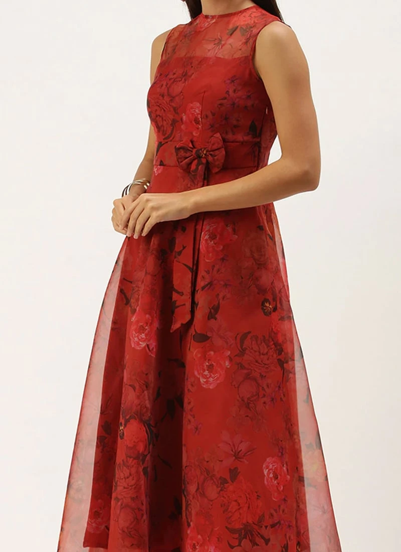 Red Organza Digital Printed Dress Party Wear 3 Red Organza Digital Printed Dress Party Wear