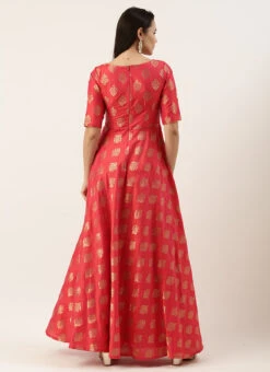 Red Taffeta Jacquard Half Circular Dress Festive Wear -Sari Grace Shop Red Taffeta Jacquard Half Circular Dress DRBS02204664 b