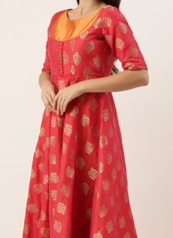 Red Taffeta Jacquard Half Circular Dress Festive Wear