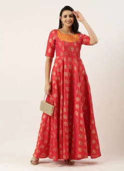 Red Taffeta Jacquard Half Circular Dress Festive Wear -Sari Grace Shop Red Taffeta Jacquard Half Circular Dress DRBS02204664 u