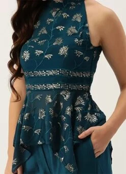 Teal Blue Embroidered Blouse Festive Wear