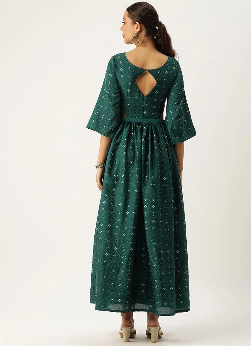 Teal Green Art Silk Foil Printed Maxi Dress Festive Wear 6 Teal Green Art Silk Foil Printed Maxi Dress Festive Wear - Image 4