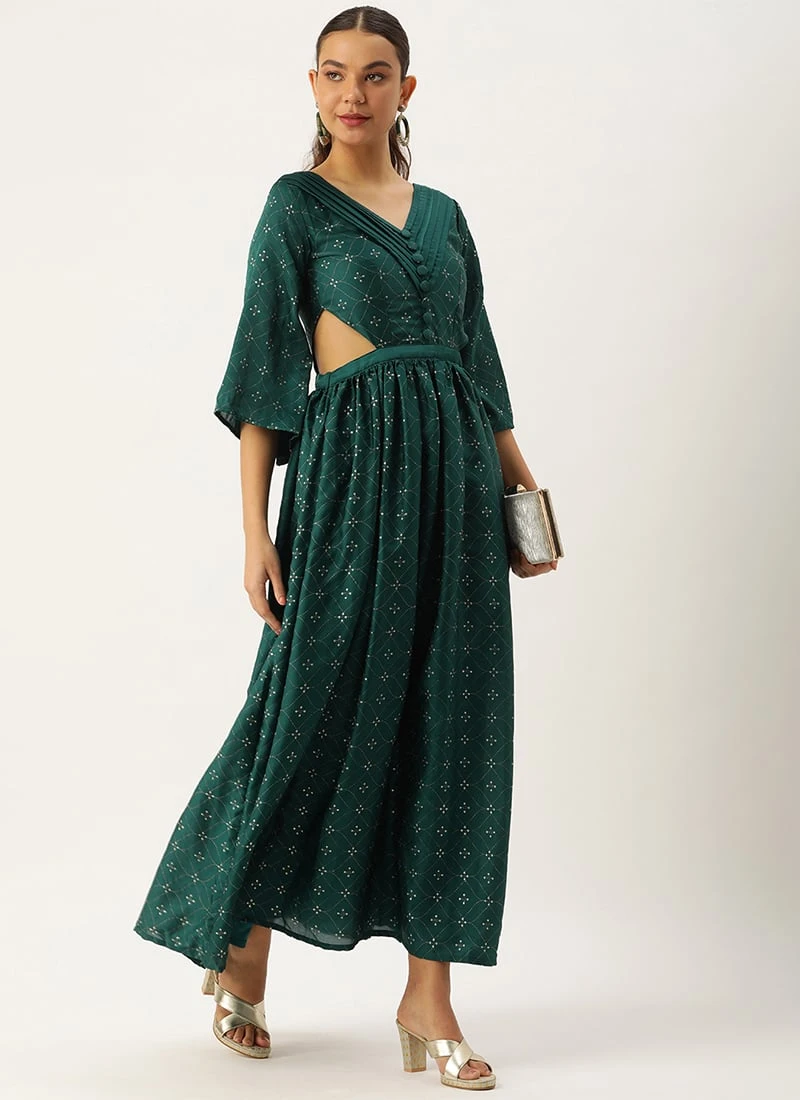 Teal Green Art Silk Foil Printed Maxi Dress Festive Wear 5 Teal Green Art Silk Foil Printed Maxi Dress Festive Wear - Image 3