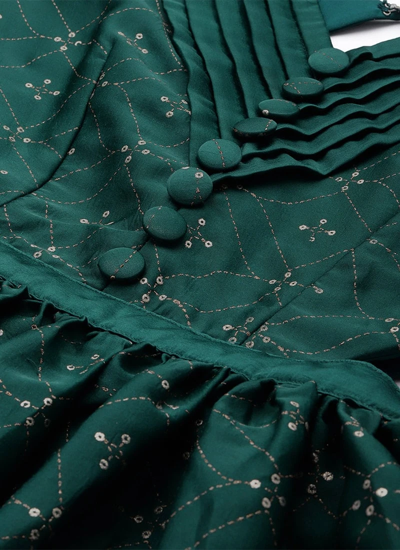 Teal Green Art Silk Foil Printed Maxi Dress Festive Wear 7 Teal Green Art Silk Foil Printed Maxi Dress Festive Wear - Image 5