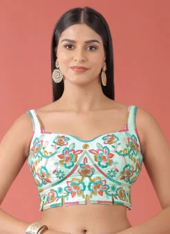 Turquoise Blue Silk Embroidery Blouse Party Wear -Sari Grace Shop Turquoise Blue Silk Embroidery Blouse BLSPFB164TBL u