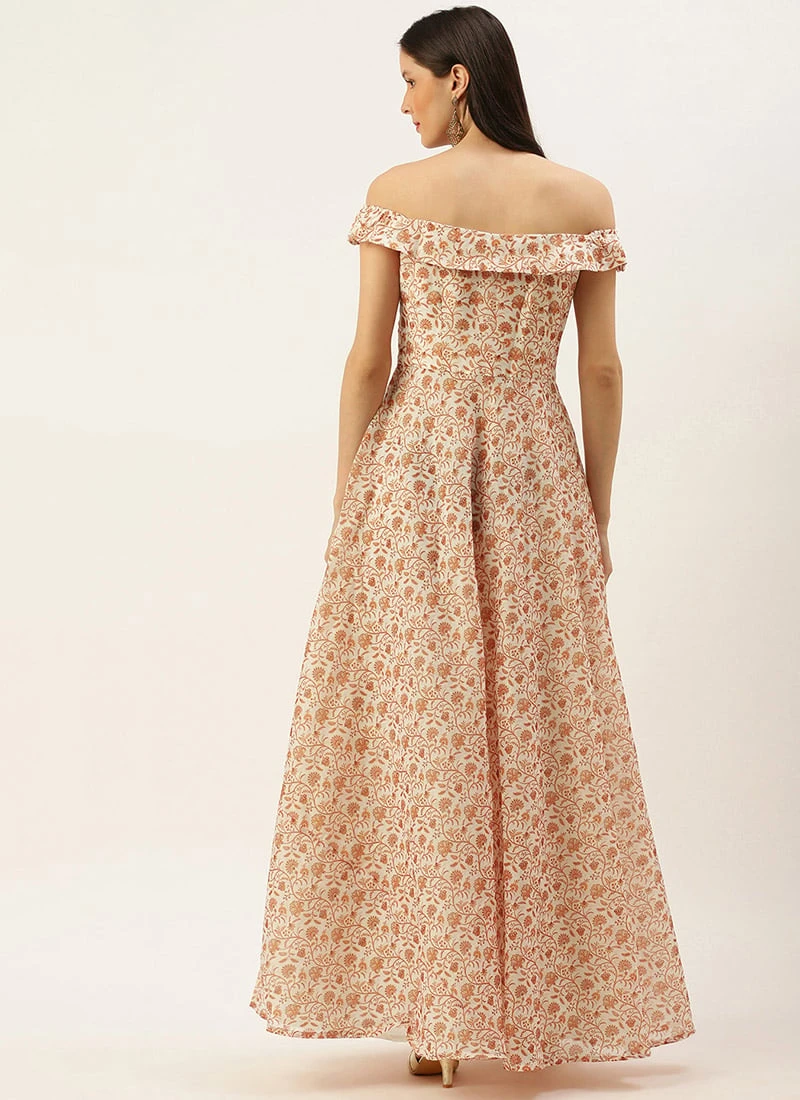 White Art Silk Digital Printed Off Shoulder Dress After Six Wear Festive Wear 6 White Art Silk Digital Printed Off Shoulder Dress After Six Wear Festive Wear - Image 4