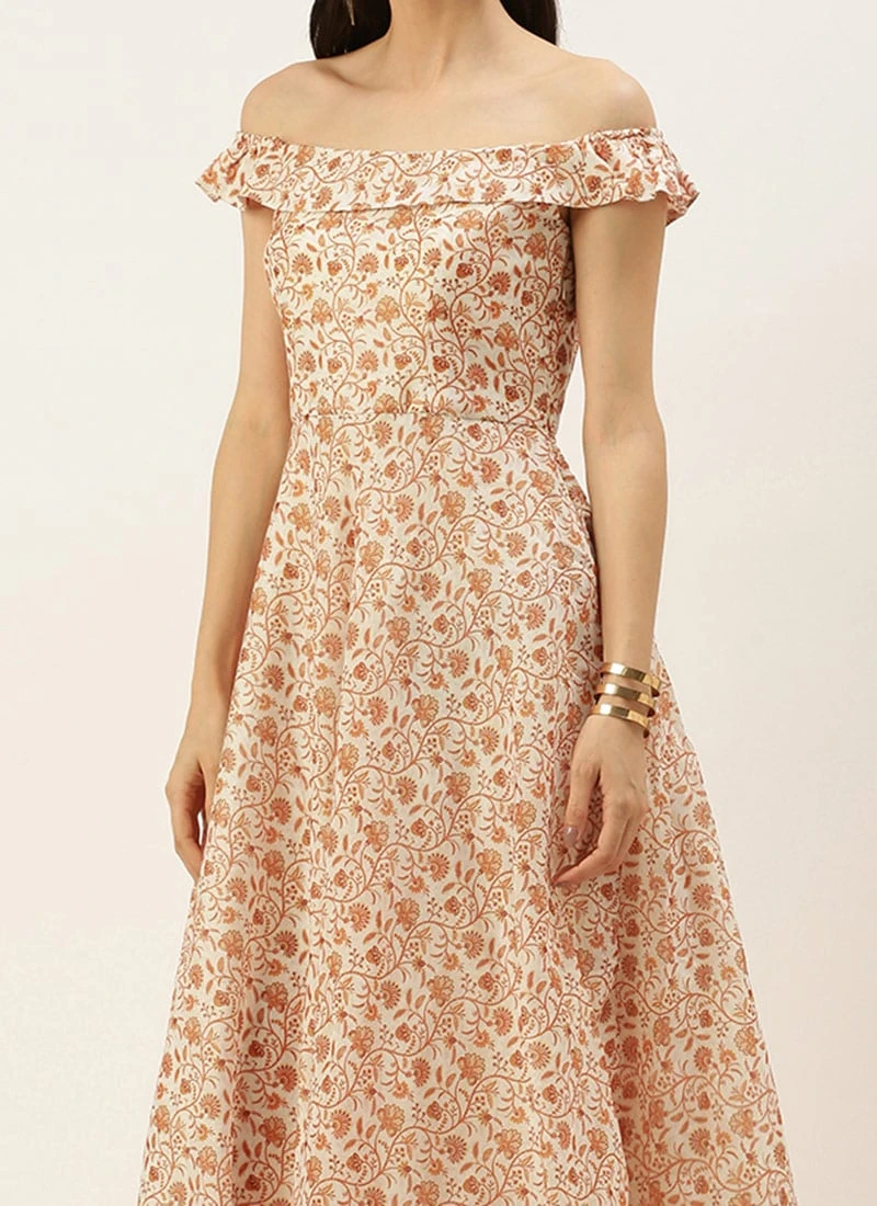 White Art Silk Digital Printed Off Shoulder Dress After Six Wear Festive Wear 3 White Art Silk Digital Printed Off Shoulder Dress After Six Wear Festive Wear