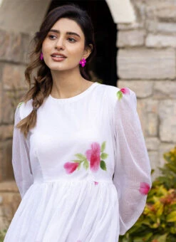 White Faux Chiffon Digital Print Fit And Flare Dress After Six Wear -Sari Grace Shop White Faux Chiffon Digital Print Fit And Flare Dress DRSSUF1304 b