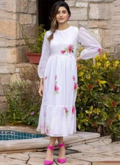 White Faux Chiffon Digital Print Fit And Flare Dress After Six Wear -Sari Grace Shop White Faux Chiffon Digital Print Fit And Flare Dress DRSSUF1304 u