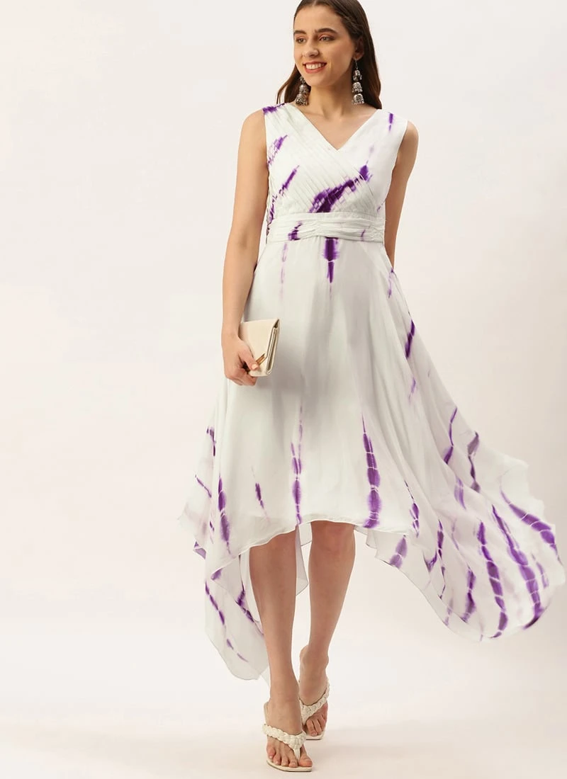 White Georgette Tie N Dye Dress After Six Wear Festive Wear 5 White Georgette Tie N Dye Dress After Six Wear Festive Wear - Image 3