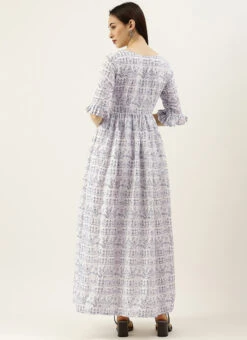 White Rayon Printed Gathered Maxi Dress Festive Wear 13 White Rayon Printed Gathered Maxi Dress Festive Wear -Sari Grace Shop White Rayon Printed Gathered Maxi Dress DRBS02105422 b