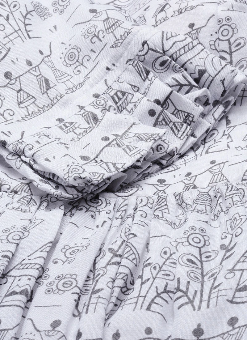 White Rayon Printed Gathered Maxi Dress Festive Wear 9 White Rayon Printed Gathered Maxi Dress Festive Wear - Image 7