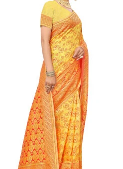 Woven Work Mustard N Red Color Cotton Saree Festive Wear
