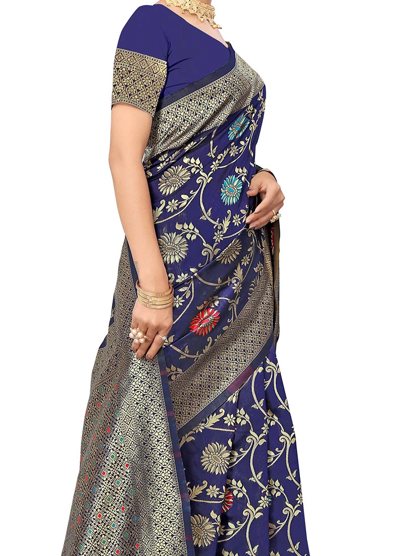 Woven Work Navy Blue Color Banarasi Silk Saree Festive Wear 3 Woven Work Navy Blue Color Banarasi Silk Saree Festive Wear