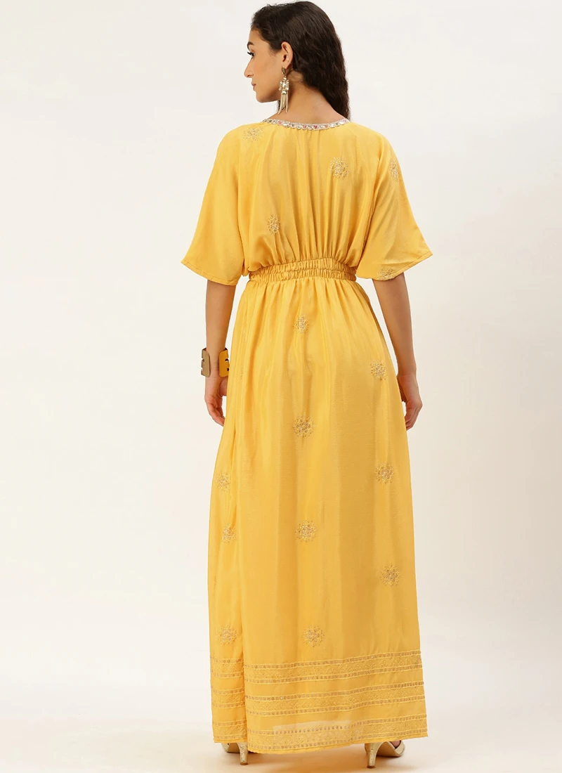 Yellow Chinon Kaftan Dress Festive Wear 6 Yellow Chinon Kaftan Dress Festive Wear - Image 4