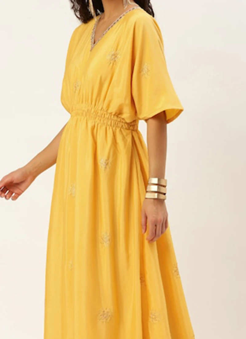 Yellow Chinon Kaftan Dress Festive Wear 3 Yellow Chinon Kaftan Dress Festive Wear