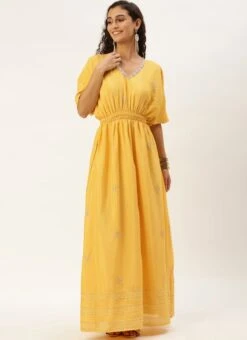 Yellow Chinon Kaftan Dress Festive Wear 12 Yellow Chinon Kaftan Dress Festive Wear -Sari Grace Shop Yellow Chinon Kaftan Dress DRBS02204754 u