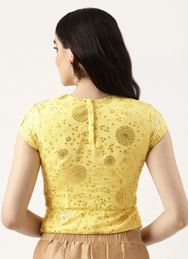 Yellow Embroidered Chinon Blouse Wedding Wear 6 Yellow Embroidered Chinon Blouse Wedding Wear - Image 4
