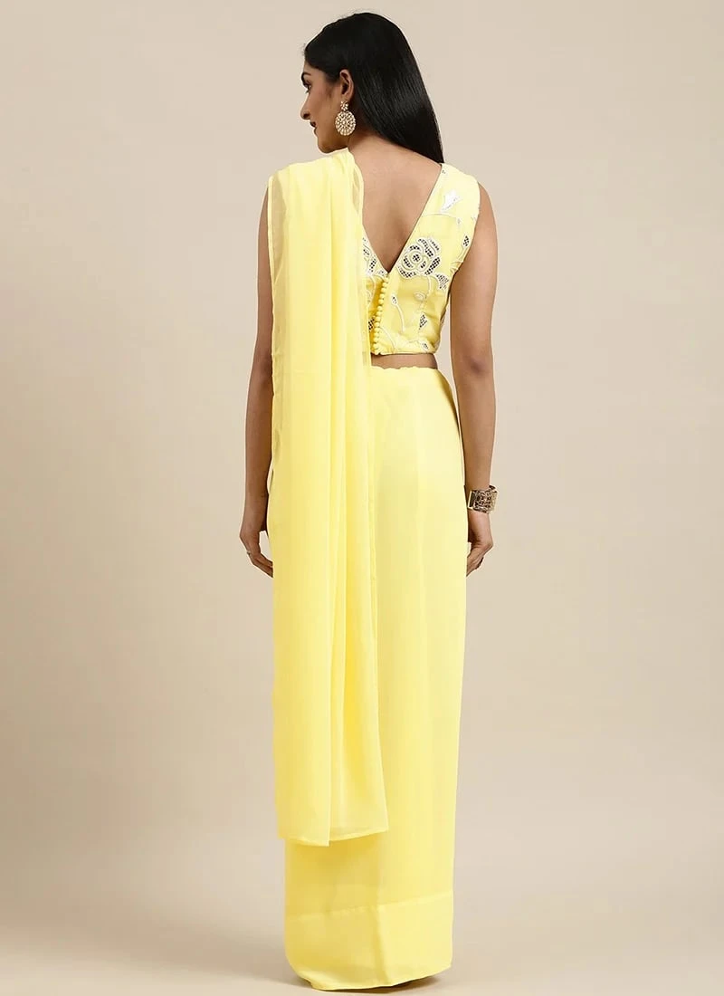 Yellow Embroidered Georgette Saree N Blouse Set Festive Wear Wedding Wear 6 Yellow Embroidered Georgette Saree N Blouse Set Festive Wear Wedding Wear - Image 4