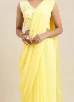 Yellow Embroidered Georgette Saree N Blouse Set Festive Wear Wedding Wear