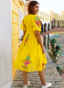 Yellow Faux Chiffon Digital Print Fit And Flare Dress After Six Wear -Sari Grace Shop Yellow Faux Chiffon Digital Print Fit And Flare Dress DRSSUF1306 b