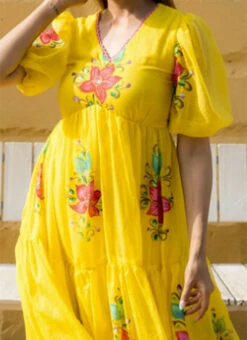 Yellow Faux Chiffon Digital Print Fit And Flare Dress After Six Wear