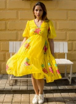 Yellow Faux Chiffon Digital Print Fit And Flare Dress After Six Wear -Sari Grace Shop Yellow Faux Chiffon Digital Print Fit And Flare Dress DRSSUF1306 u