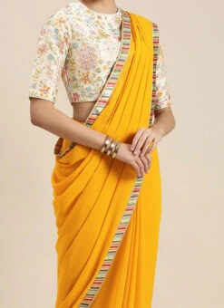 Yellow Georgette Saree N Embroidered Blouse Festive Wear