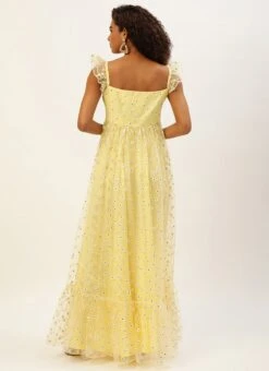 Yellow Glitter Foil Tiered Gathers Dress Party Wear 13 Yellow Glitter Foil Tiered Gathers Dress Party Wear -Sari Grace Shop Yellow Glitter Foil Tiered Gathers Dress DRBS02209691 b