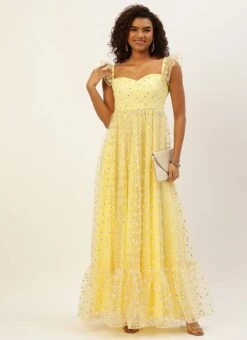 Yellow Glitter Foil Tiered Gathers Dress Party Wear 12 Yellow Glitter Foil Tiered Gathers Dress Party Wear -Sari Grace Shop Yellow Glitter Foil Tiered Gathers Dress DRBS02209691 u