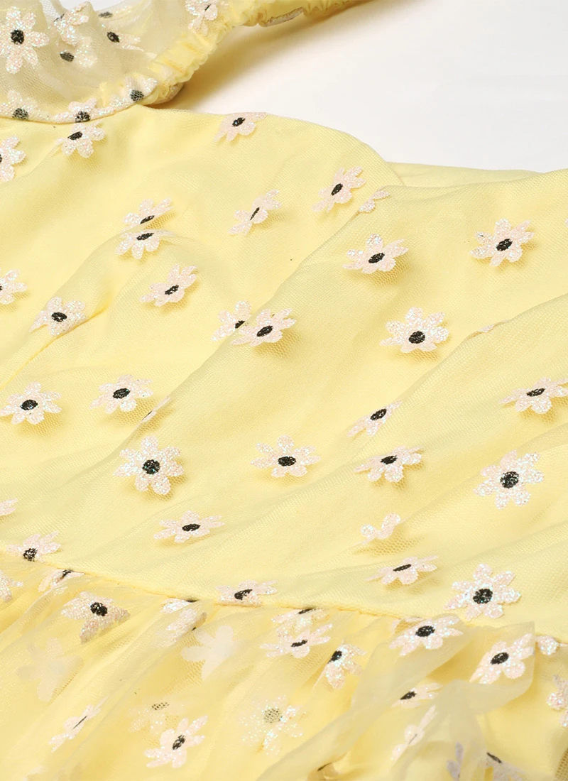 Yellow Glitter Foil Tiered Gathers Dress Party Wear 7 Yellow Glitter Foil Tiered Gathers Dress Party Wear - Image 5