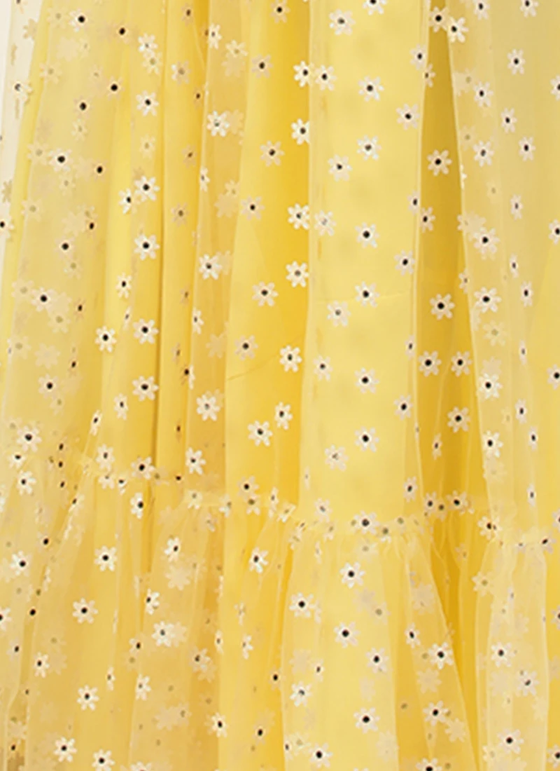 Yellow Glitter Foil Tiered Gathers Dress Party Wear 10 Yellow Glitter Foil Tiered Gathers Dress Party Wear - Image 8
