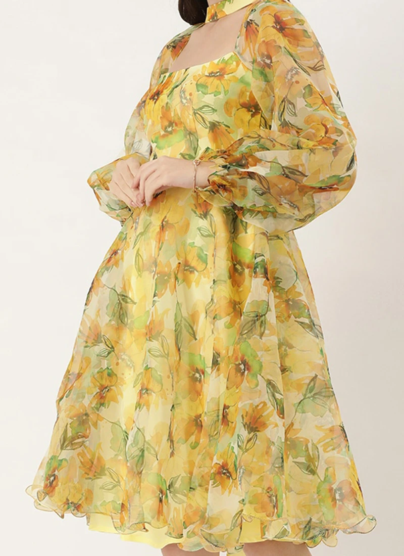 Yellow Organza Mini Dress Party Wear 3 Yellow Organza Mini Dress Party Wear