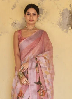 Baby Pink Linen Floral Printed Work Saree Festive Wear 9 Baby Pink Linen Floral Printed Work Saree Festive Wear -Sari Grace Shop baby pink linen floral printed work saree samknss4016 b